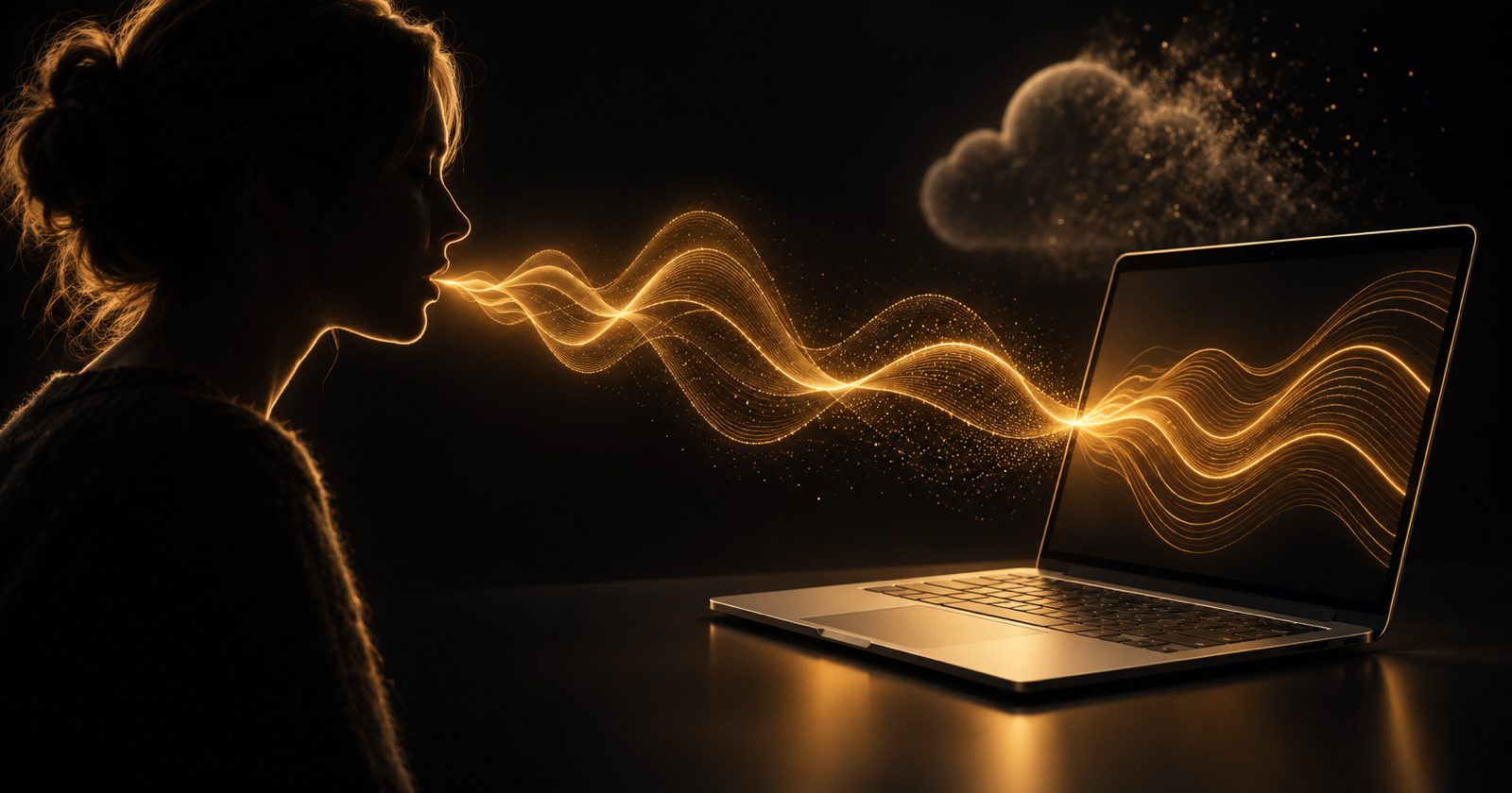 A person speaking to a MacBook, with sound waves turning into text on screen and no cloud in sight