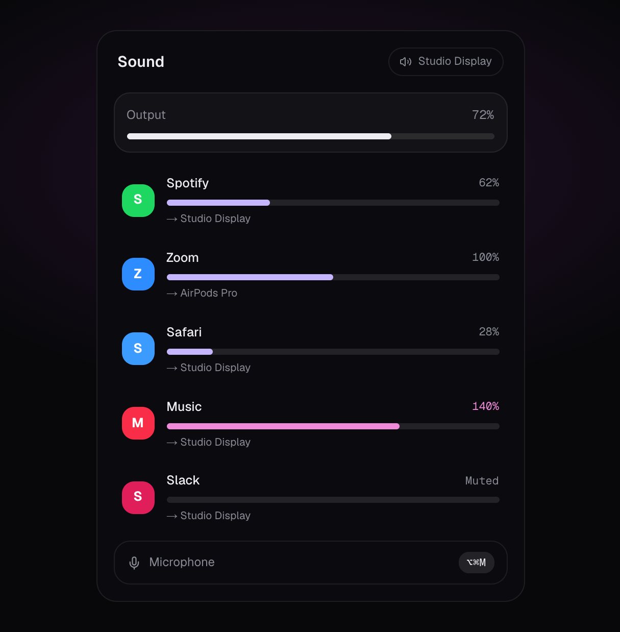 NabuSound's menu bar mixer with a fader per app