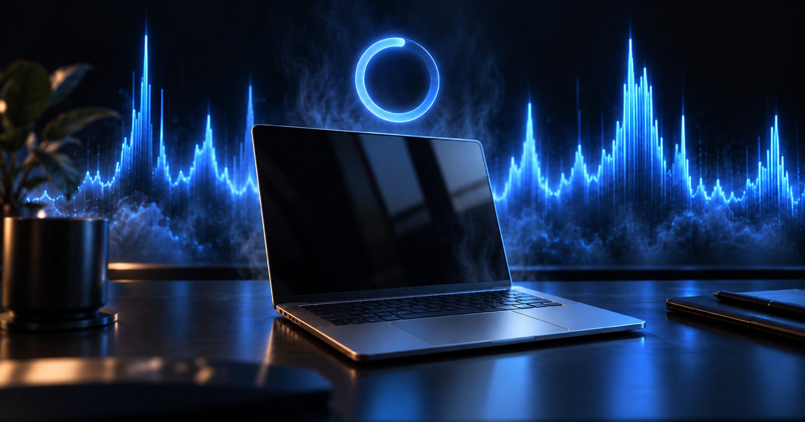 A MacBook with a spinning beach ball and a glowing CPU graph spiking behind it